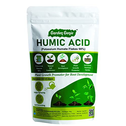 Garden Genie Humic Acid for Plants (Potassium Humate Flakes 98%) | Plant Growth Enhancer, Soil Conditioner, Improves Plant Root System, 900 gm