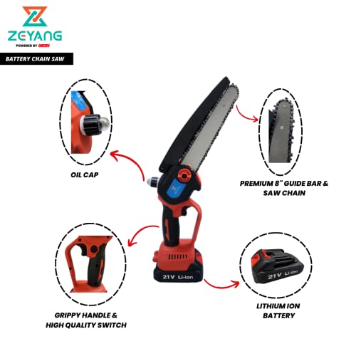 OREZEN ZEYANG Mini Cordless Chainsaw Dual Battery (21Vx2), 6 inch Cutting Area - Battery Operated Chain Saw (6 INCH)