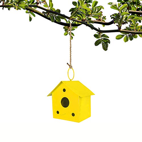 TrustBasket Colorfull Metal Bird House (Yellow) for Outside, Patio, Backyard, Balcony and Home Garden Hanging | Beautiful Bird Nest for Bird Food and Water Feeder