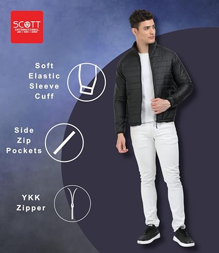 Scott International Men 's Quilted Puffer Jacket - Lightweight, Water Repellant, Elastic Cuffs, Zipped Pockets, Casual Winter Jacket - Stylish Outerwear for Men (SS23-TWRAP-JKT-BL-L, Black, L)