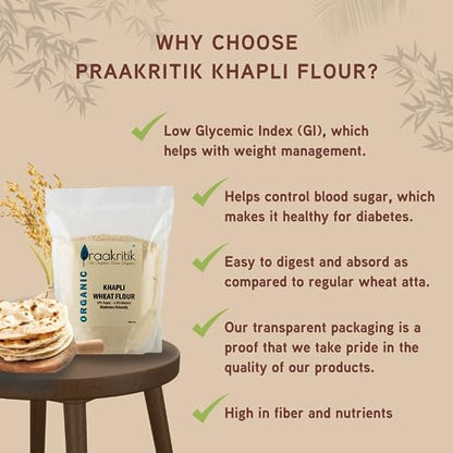 Praakritik Organic Khapli Wheat Atta 3 Kg (Pack of 1) | Emmer Wheat Flour | High Fiber, Low Gluten & Diabetes-Friendly | Ancient Grain | Easy Digestion
