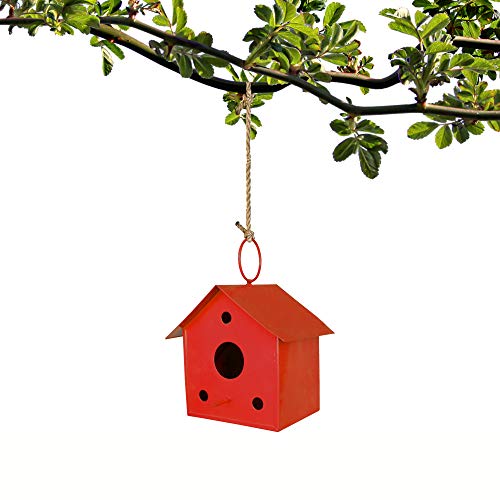 TrustBasket Colorfull Metal Bird House (Red) for Outside, Patio, Backyard, Balcony and Home Garden Hanging | Beautiful Bird Nest for Bird Food and Water Feeder