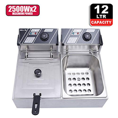 iBELL DF620P Deep Fryer Electric 12 Litre Stainless Steel 2500W, Double Tank/Basket, Variable Temperature Control, Silver