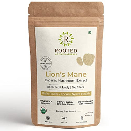 Rooted Lions Mane mushroom Extract Powder (120 gm) | Memory, Focus, Brain Powder & Nerve Health. USDA Organic, 38% Beta Glucans, Certified organic