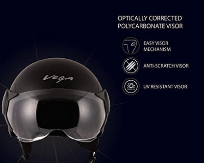 Vega Atom ISI Certified Smooth Matt Finish Open Face Helmet for Men and Women with Clear Visor(Dull Black, Size:M)