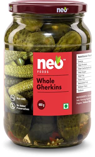 Neo Whole Gherkins 480g I Pack of 1 I 100% Vegan I Low Fat Sweet and Crunchy Pickles, Ready to Eat, No GMO I Enjoy with Nachos, Make a Healthy Salad at home
