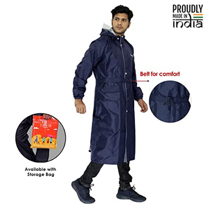 THE CLOWNFISH Reversible Use Unisex Waterproof Long Coat Raincoat for Men and Women with Adjustable Hood and Reflector at Back for Night Visibility Opener Series (Blue-Free Size)