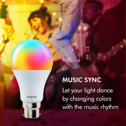 Wipro 9W B22D WiFi LED Smart Bulb with Music Sync Function, Compatible with Amazon Alexa and Google Assistant (16M Colours, Warm White/Neutral White/White + Dimmable) Pack of 1
