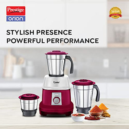 Prestige 500 Watts Orion Mixer Grinder with 3 Stainless Steel Jars |2 years warranty| Red & White