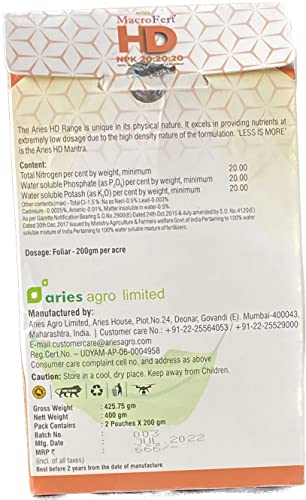 Aries Macro Fert HD NPK 20.20.20 100% Water Soluble Mixture of Fertilizer (200 grams)