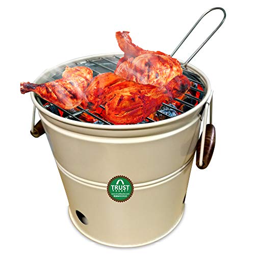 Trustbasket Round Portable Charcoal BBQ Barbeque Bucket Set for Indoor/Outdoor and Multiuse (Ivory)