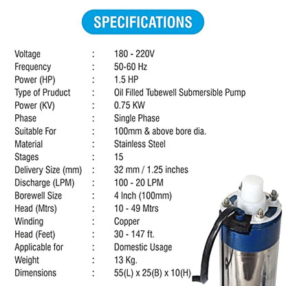 Jihara Series Submersible pump 1.5 HP 15 Stage | Farming and Borewell etc.