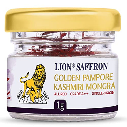 LION SAFFRON, 1g, Grade A+++ Kashmiri Mongra Kesar/Keshar/Saffron for Pregnant Women, Biryani, Cooking, Sweets and Beauty (From Pampore, Kashmir)(Pack of 1, 1gram)