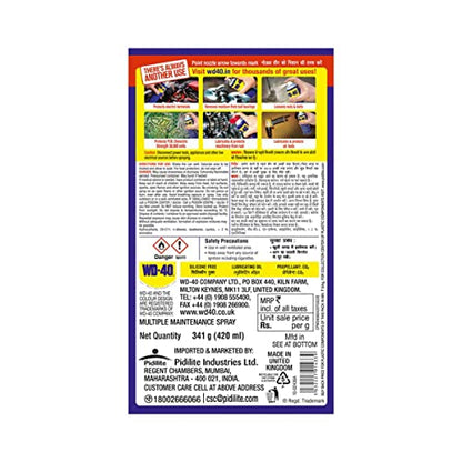पिडिलाइट WD-40, बहुउद्देशीय कार केयर स्प्रे, 420 मिलीलीटर जंग हटाने वाला, स्नेहक, दाग हटाने वाला, शक्तिशाली चिमनी क्लीनर, डीग्रीज़र, और बाइक चेन क्लीनर और चेन ल्यूब (341 ग्राम)
