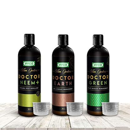 Organic Pesticide & Fungicide Combo for Plants & Soil - Attack Insects, Pests, Bugs, Nematode, Fungal & Bacterial Disease - Dr Neem+, Dr Earth, Dr Green (150ml Each)