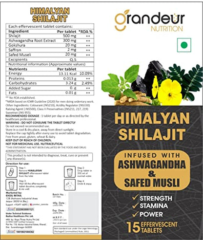 पुरुषों के लिए जीवन शक्ति, शक्ति, सहनशक्ति, प्रदर्शन के लिए गोक्षुरा, केसर और सफेद मूसली के साथ 2 शिलाजीत अश्वगंधा अर्क एफ़र्जेसेंट गोलियों का भव्य पैक | 30 टैब | 100% प्राकृतिक | प्रीमियम जीवन शक्ति |