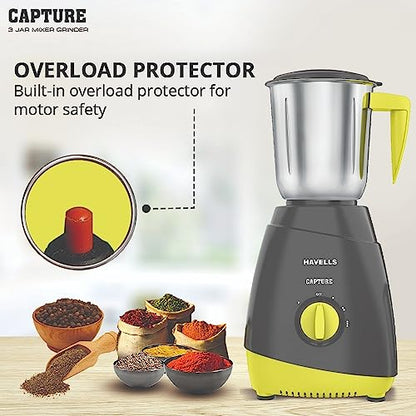 Havells Capture 500W 3 Jar Mixer Grinder, High Speed 21000 RPM Motor, 304 SS Blades, 5 Years Motor Warranty with Overload Protector, 1.5 Ltr Bigger Size Blending Jar I (Grey & Green)