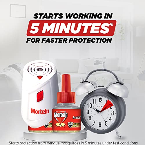 Mortein Insta5 मच्छर प्रतिरोधी | कॉम्बो पैक - मशीन + 1 रिफिल (45ml) | डेंगू मच्छरों से 100% सुरक्षा, सफेद