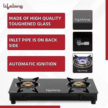 Lifelong LLGS912 Automatic Ignition 2 Burner Gas Stove with 6mm Toughened Glass Top, Automatic Ignition (Doorstep Service, 1 Year Warranty, Black) - Auto Ignition