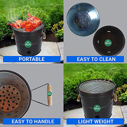 TrustBasket Portable Barbeque Bucket Set –Round Portable Charcoal BBQ Barbeque for Indoor/Outdoor and Multiuse (Black)