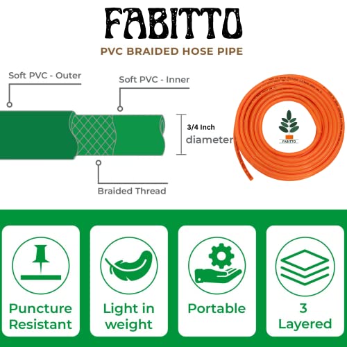 FABITTO गार्डन हेवी-ड्यूटी ब्रेडेड होज़ पाइप होम गार्डन, कार धोने, फर्श की सफाई और पालतू जानवरों को स्नान कराने के लिए 3 क्लैंप के साथ, नारंगी (3/4 इंच होज़ पाइप, 10 मीटर)