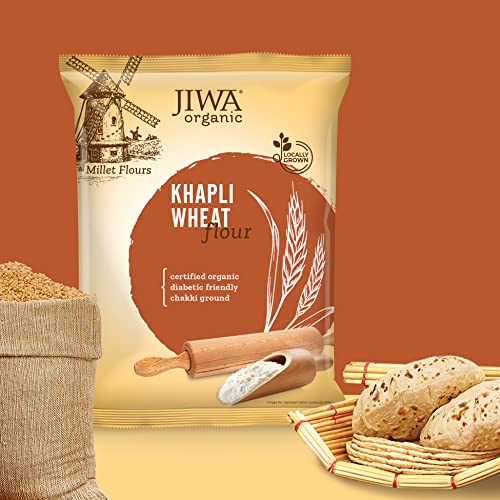 JIWA healthy by nature Organic Khapli Wheat Flour / Atta| Emmer Wheat Chakki Ground Flour | High In Fiber | Premium Whole Wheat Flour | Easy to Digest | Goodness of Dicoccum Wheat |Low Gluten Ancient Grain | Certified Organic Atta | 100% Natural | 1 kg