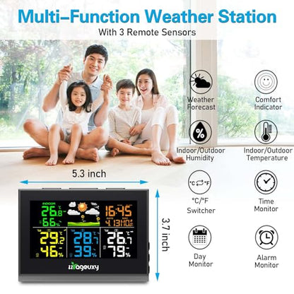 Urageuxy Weather Station with Multiple Sensors, Wireless Indoor Outdoor Thermometer Hygrometer with 3 Sensors, Weather Forecast