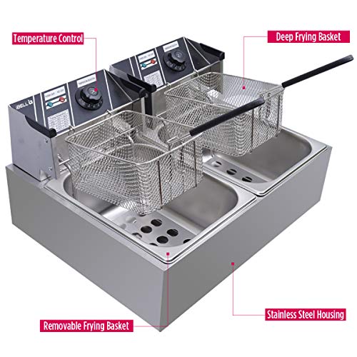 iBELL DF620P Deep Fryer Electric 12 Litre Stainless Steel 2500W, Double Tank/Basket, Variable Temperature Control, Silver