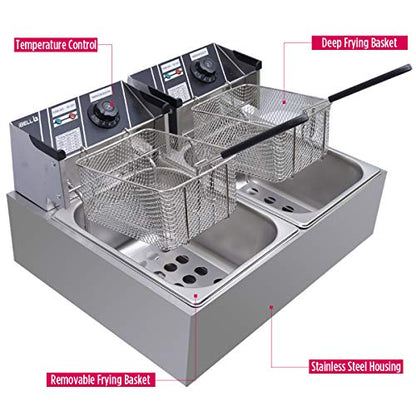 iBELL DF620P Deep Fryer Electric 12 Litre Stainless Steel 2500W, Double Tank/Basket, Variable Temperature Control, Silver