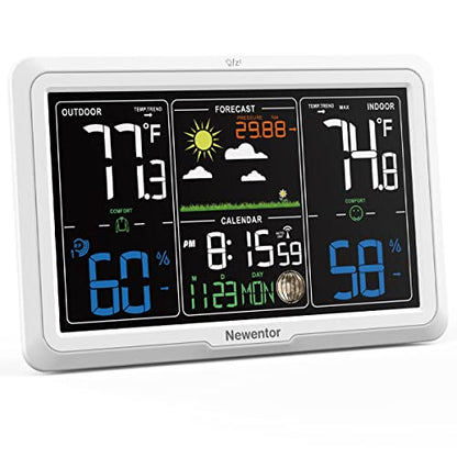Newentor Weather Station Wireless Indoor Outdoor, 7.5in Display Atomic Clock, Inside Outside Thermometer and Hygrometer with Weather Alert, Barometer and Weather Forecast, Time and Calendar, White