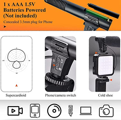 Vlogging Kit 4 in 1 Portable Video Shooting Set with Shotgun Mic with Cover, LED Light, Tripod with Phone Holder for YouTube Video, Vlog, Reels Using Smart Phones, Compact Cameras, GoPro.