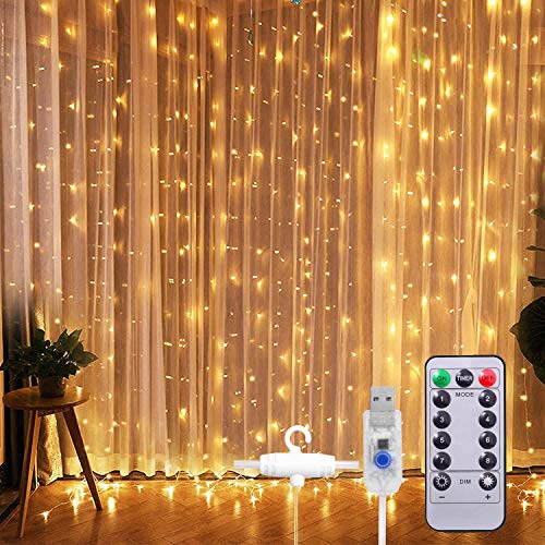 XERGY Window Curtain String Light 300 LED 8 Lighting Modes Dimmable Fairy Lights Remote Control USB Powered Waterproof Lights for Home Decoration Light Diwali House Party Wedding Decor (Warm White)