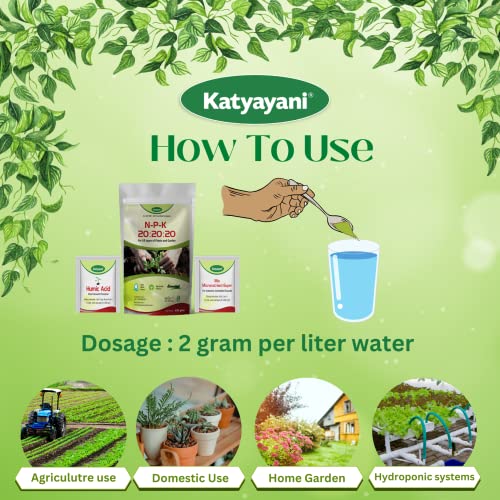 Katyayani NPK 20 20 20 Fertilizer for Plants with 2 Sample - Mix micronutrients and Organic Humic Acid Complete Plant Food 100% Water Soluble 500 Grams Pack