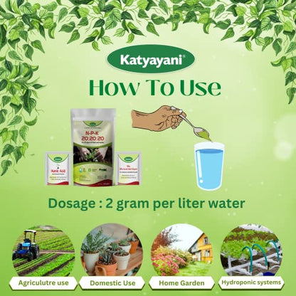 Katyayani NPK 20 20 20 Fertilizer for Plants with 2 Sample - Mix micronutrients and Organic Humic Acid Complete Plant Food 100% Water Soluble 500 Grams Pack