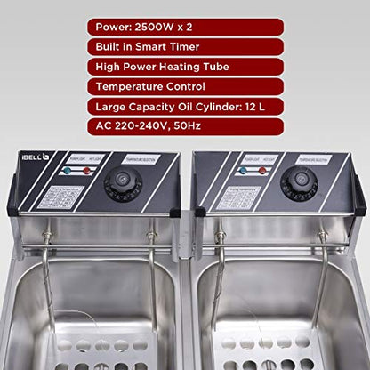 iBELL DF620P Deep Fryer Electric 12 Litre Stainless Steel 2500W, Double Tank/Basket, Variable Temperature Control, Silver