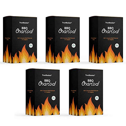 TrustBasket Charcoal Briquettes (5kg) with Free Starter Cubes - Long Burning Barbeque Charcoal with Low Smoke (Used in Grilling/Barbecue, Home) -Set of 5