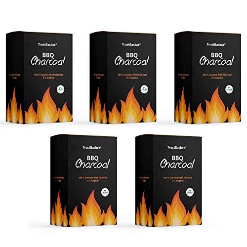 TrustBasket Charcoal Briquettes (5kg) with Free Starter Cubes - Long Burning Barbeque Charcoal with Low Smoke (Used in Grilling/Barbecue, Home) -Set of 5