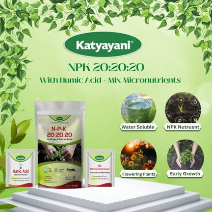 Katyayani NPK 20 20 20 Fertilizer for Plants with 2 Sample - Mix micronutrients and Organic Humic Acid Complete Plant Food 100% Water Soluble 500 Grams Pack