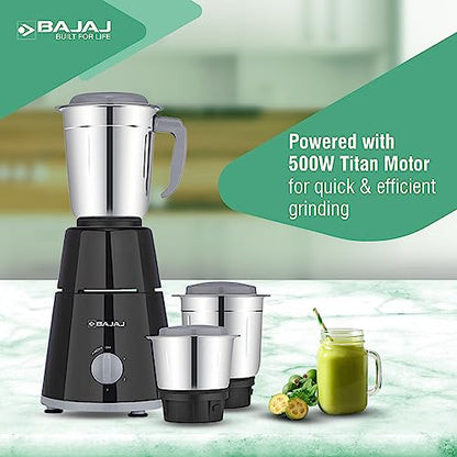 Bajaj Plastic Gx 1 Mixer Grinder,500W Titan Motor,3 Jars,2 In 1 Function Blade,Black, 500 Watts