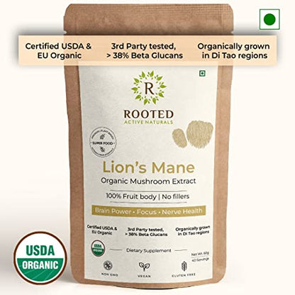 Rooted Lions Mane mushroom Extract Powder (120 gm) | Memory, Focus, Brain Powder & Nerve Health. USDA Organic, 38% Beta Glucans, Certified organic