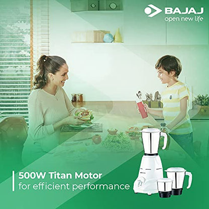 Bajaj Rex 500W Mixer Grinder with Nutri-Pro Feature, 3 Jars, White