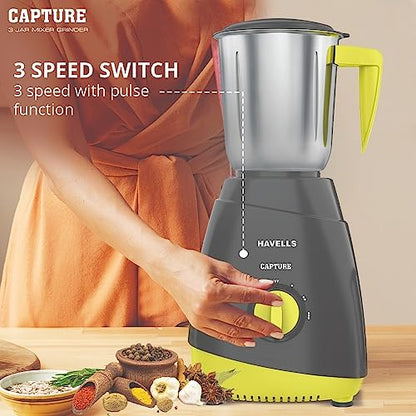 Havells Capture 500W 3 Jar Mixer Grinder, High Speed 21000 RPM Motor, 304 SS Blades, 5 Years Motor Warranty with Overload Protector, 1.5 Ltr Bigger Size Blending Jar I (Grey & Green)