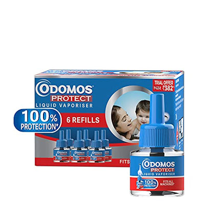 Odomos Protect Mosquito Repelent Liquid Vaporiser Refill (6 चा पॅक) | सर्व मानक मशीन फिट | डेंग्यूच्या डासांना मारतो