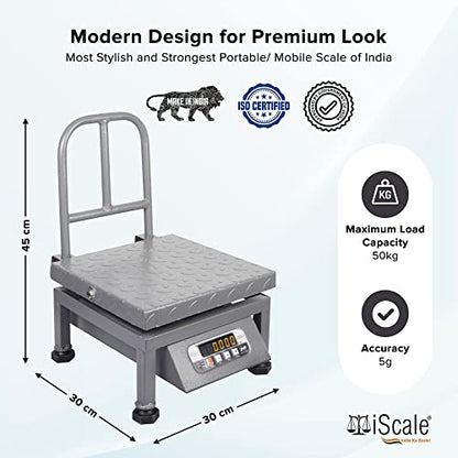 iScale i-21 क्षमता 50kg x 5g एक्यूरेसी, पोर्टेबल/मोबाइल डिजिटल वेइंग स्केल फ्रंट बैक डबल रेड डिस्प्ले और डिटैचेबल हैंडल के साथ, हेवी-ड्यूटी माइल्ड स्टील पैन, 12x12" सभी कमर्शियल उपयोग के लिए