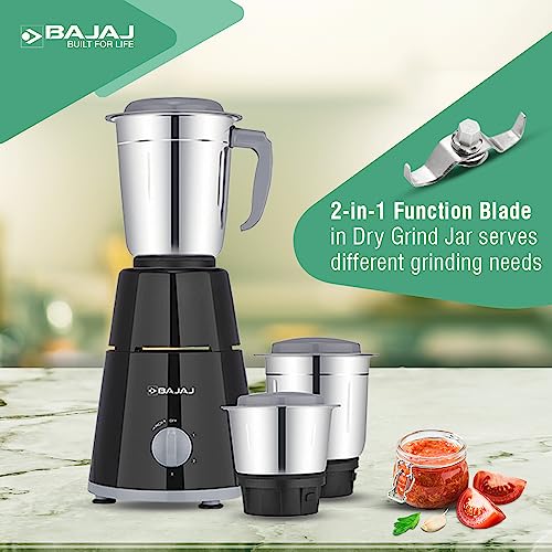 Bajaj Plastic Gx 1 Mixer Grinder,500W Titan Motor,3 Jars,2 In 1 Function Blade,Black, 500 Watts