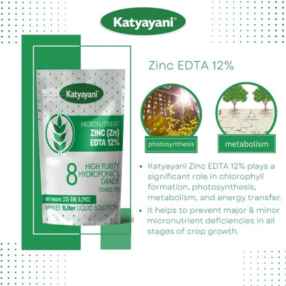 Katyayani Micronutrient Zinc (Zn) 12% - Hydroponic Nutrient 8, High Purity Hydroponics Grade- Makes 1 Liter Concentrate