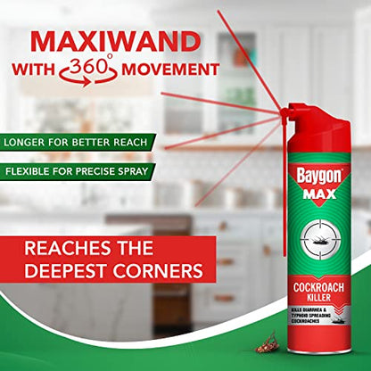 Baygon Max Cockroach Killer Spray, 625ml | Kills Diarrhea and Typhoid Spreading Cockroaches | 360 Degree Deep-Reach MaxiWand | Lasts Up To 4 Weeks
