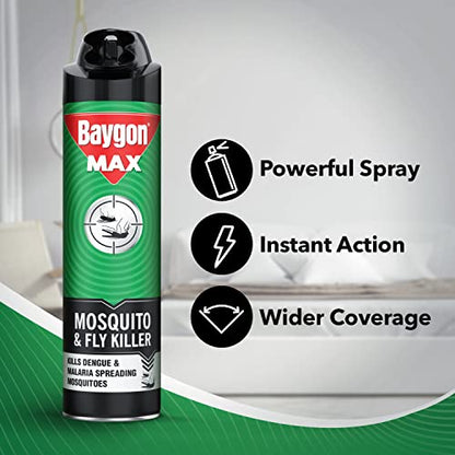 Baygon Max Mosquito and Fly Killer Spray, 625ml | झटपट मॉस्किटो किलर | डेंग्यू आणि मलेरिया पसरवणाऱ्या डासांना मारते | 30% विस्तीर्ण कव्हरेजसाठी डबल नोजल तंत्रज्ञानासह