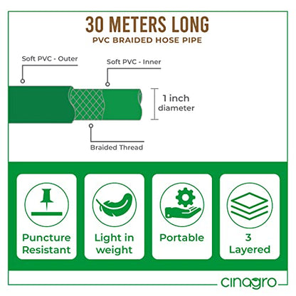 Cinagro 30 Metres Braided Hose Pipe with 3 Clamps for Watering Home Garden, Car Washing, Floor Cleaning & Pet Bathing (1 Inch, Green)