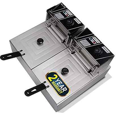 iBELL DF620P Deep Fryer Electric 12 Litre Stainless Steel 2500W, Double Tank/Basket, Variable Temperature Control, Silver